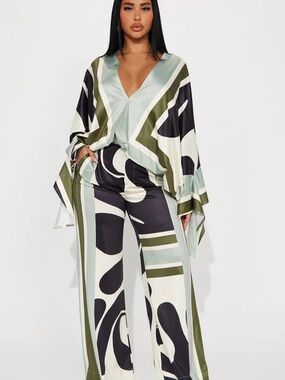 Fashion Nova Olive, Sage & Black Wide-Leg Jumpsuit